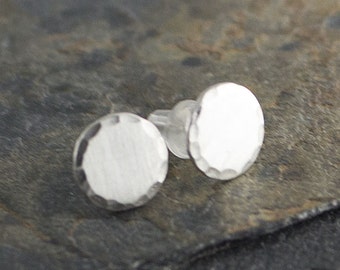 Matte Sterling Silver Stud Post Mini Earrings Side Hammered Flat Disc Minimalist Earring