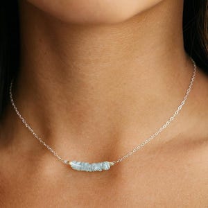 Aquamarine Bar Necklace – Sterling Silver Chain – 4mm Genuine Gemstones – Handmade March Birthstone Jewelry Gift