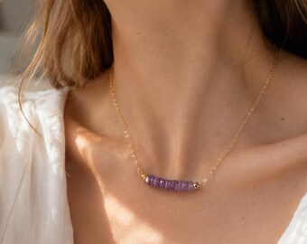 Amethyst Bar Necklace, Gold Gemstone Jewelry, Minimalist Carrie Style