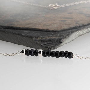 Sterling Silver 925 Black Spinel Line Bar Necklace, Lariat Y Carrie Dainty Handmade Jewelry for Women Men