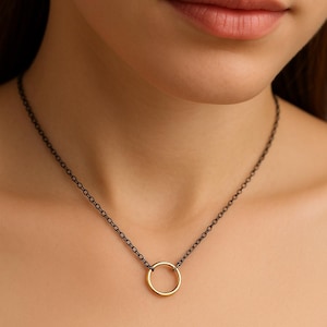 Eternity Karma Necklace – Minimalist Gold Circle Pendant on Oxidized Sterling Silver Chain – Handmade Dainty Necklace, Bridesmaid Gift