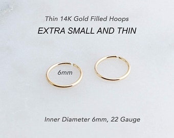 14K Yellow Gold Filled Extra Small Piercing Hoop Rings Multi Sizes Multi Gauge Thin Handmade Earrings Septum Jewelry