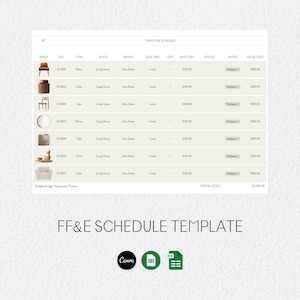 Puede incluir: Una plantilla de programación de muebles con un fondo beige claro. La plantilla incluye una tabla con columnas para imagen, artículo, espacio, marca, plazo de entrega, costo unitario, estado, notas y costo total. El texto "FF&E SCHEDULE TEMPLATE" está en la parte inferior.
