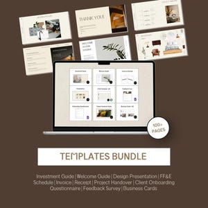 May include: A laptop screen displaying a grid of digital document templates, with additional floating page previews above. The text "TEMPLATES BUNDLE" appears below the laptop, followed by a list of document types including Investment Guide, Welcome Guide, Design Presentation, FF&E Schedule, Invoice, Receipt, Project Handover, Client Onboarding Questionnaire, Feedback Survey, and Business Cards.