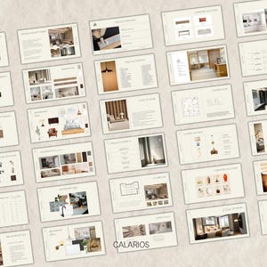 Pode incluir: Uma coleção de mood boards e layouts de design de interiores, com paletas de cores, seleções de móveis e designs de quartos. As páginas estão dispostas em uma superfície bege clara, com a palavra "CALARIOS" visível em uma página.