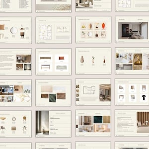 Peut inclure: Une collection de planches de style et de plans de projet de design d'intérieur, présentant des sélections de meubles, des palettes de couleurs et des plans d'aménagement. Les planches présentent divers éléments de design, avec une palette de couleurs neutres.