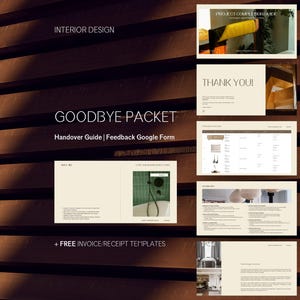 May include: A digital design layout with the text "INTERIOR DESIGN" and "GOODBYE PACKET". The packet includes a handover guide, feedback form, and free invoice/receipt templates. The background is a dark brown wood panel.