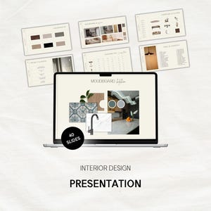 Op de afbeelding: Een laptop met een interieurontwerp presentatie met de tekst "MOODBOARD kitchen" en "40 SLIDES". De presentatie bevat afbeeldingen van ontwerpelementen, kleurenpaletten en meubels. De woorden "INTERIOR DESIGN PRESENTATION" worden hieronder weergegeven.
