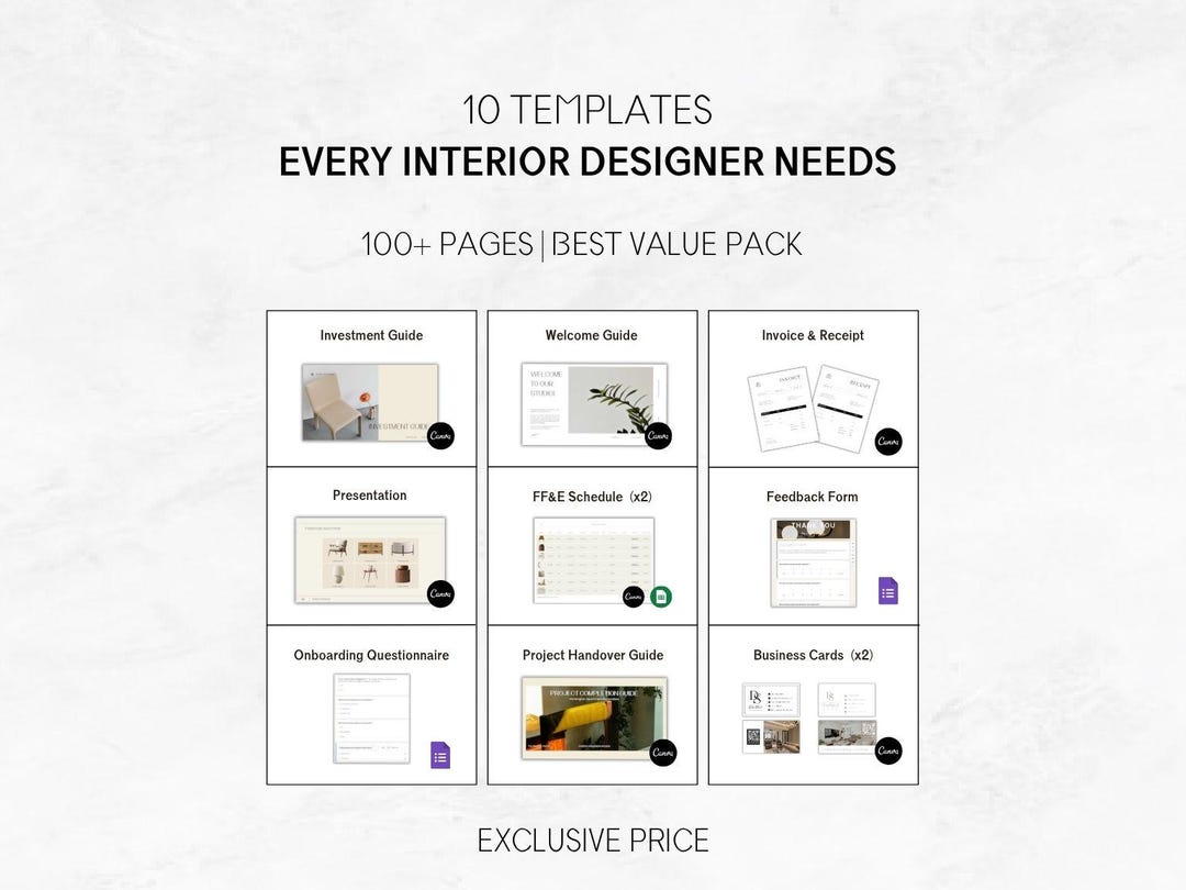 Interior Design Bundle | Client Workflow Kit | FF&E Schedule | Editable ...