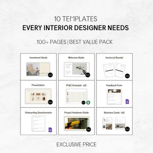May include: A graphic featuring 10 templates for interior designers, including guides, invoices, and business cards. The text reads "10 TEMPLATES EVERY INTERIOR DESIGNER NEEDS" and "100+ PAGES | BEST VALUE PACK."