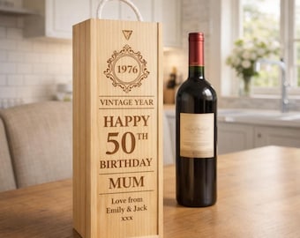 Personalised Birthday Wine Box Custom Wooden Gift Box Vintage Year Birthday Keepsake Champagne Gift Engraved Wood Box 50th 60th Keepsake