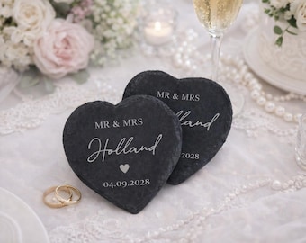 Personalised Engraved Slate Coaster Rustic Drink Mat Romantic Elegant Wedding Gift Natural Texture Heart Coaster Handcrafted Table Protector