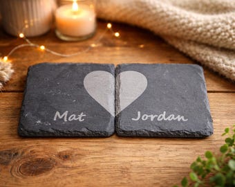 Personalised Valentine Heart Coasters Custom Slate Coaster Couples Set Wedding Gift New Home Housewarming Slate Anniversary Gift Dining Set