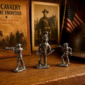 Puede incluir: Tres figuras de soldados de metal plateado están alineadas. Detrás hay un libro titulado U.S. CAVALRY ON THE FRONTIER, una fotografía antigua de un soldado a caballo, una pequeña bandera estadounidense y un casco militar redondeado.