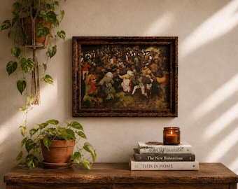 Vintage Wedding Dance Print by Pieter Bruegel, Distressed Ornate Frame, Old European Wall Art