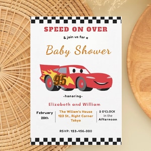 May include: Baby shower invitation with a red race car graphic. The invitation includes the text "SPEED ON OVER" and "Baby Shower". Details include the honorees' names, date, time, and location in Tokyo.
