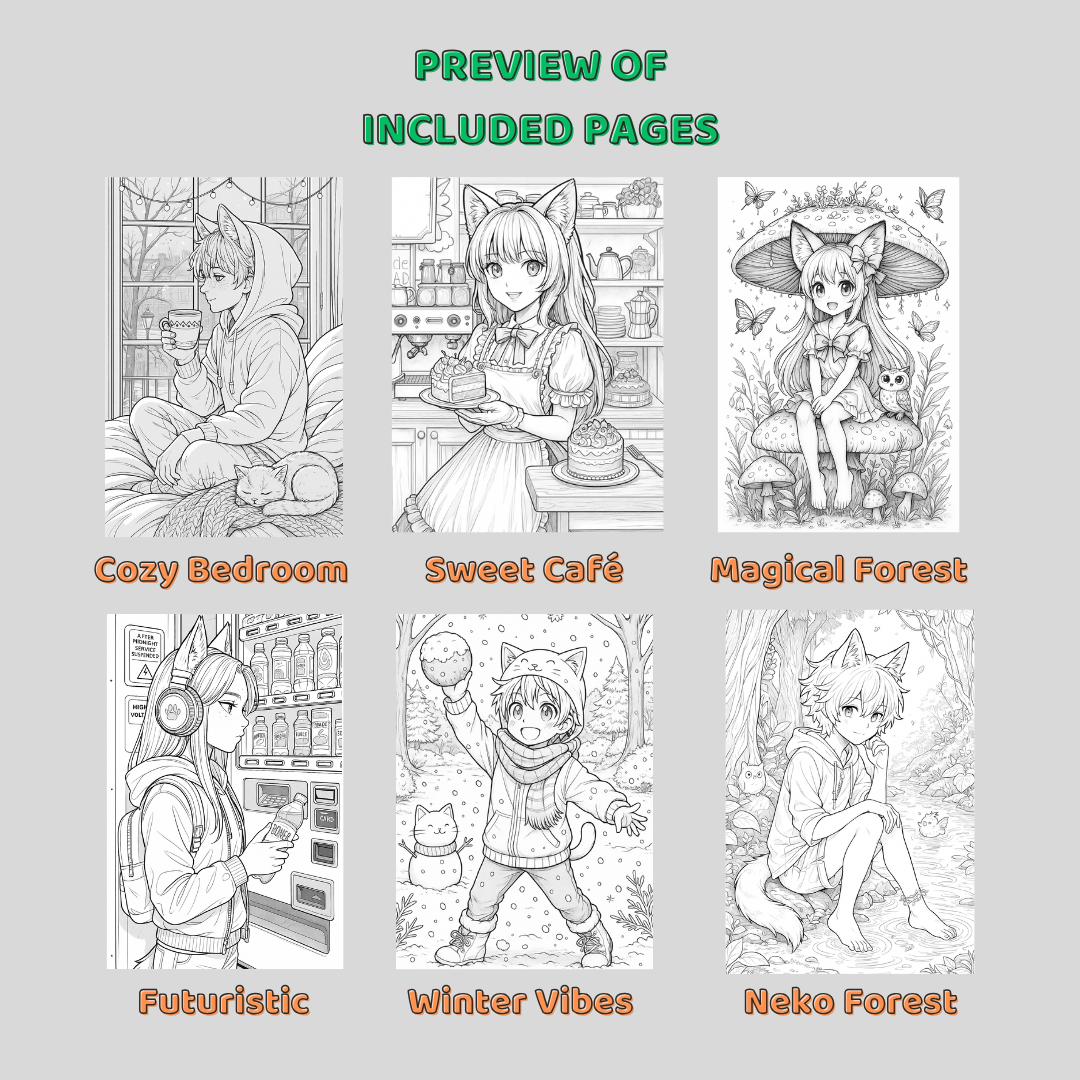 ネコワールドぬりえ - ティーンと大人のためのファンタジーアニメネコの男の子と女の子 - デジタルダウンロード - Etsy 日本, image size:1080x1080