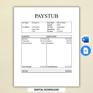 Talon de paie, talon de paie, fiche de paie, fiche de salaire, relevé de revenus, avis de paie. Word et Google Documents.