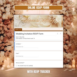 May include: An online RSVP form for a wedding, featuring the names "Marcus & Melanie's" and the text "Wedding". The form includes fields for full name, email, and a question about attendance. The background is decorated with flowers and candles.