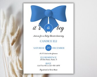 Blue Bow Baby Shower Invitation, Editable Canva Baby Shower Invitation, Digital Download