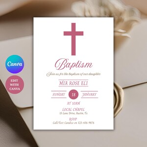 May include: A white invitation card with a pink cross and the word "Baptism". The text reads "Join us for the baptism of our daughter" and includes details for Mia Rose Eli's baptism on January 18th at 10 AM.