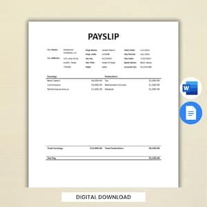 Fiche de paie, talon de paie, avis de paie, fiche de salaire, relevé de revenus, Word et Google Docs. Téléchargement numérique