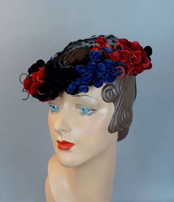 Vintage Hat, 1940's Wreath Hat, Open Crown Hat, Bl