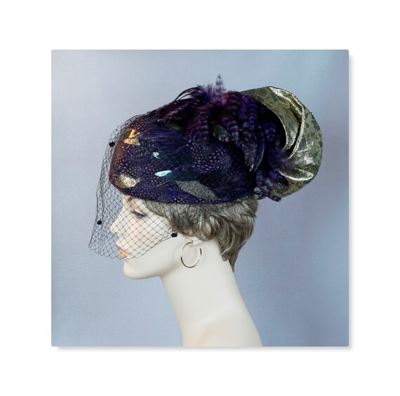 Vintage Statement Hat, Plum Feathered w/ Gold Broc