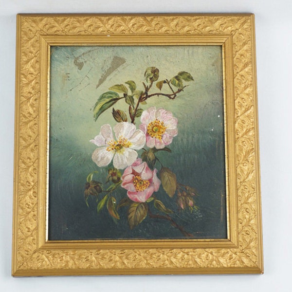 Vintage Floral Oil on Board Painting Dogwoods Framed