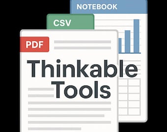 May include: A digital illustration of documents labeled "PDF", "CSV", and "Notebook". The main document displays the text "Thinkable Tools" in bold, black letters. The notebook has blue bars and a grid.