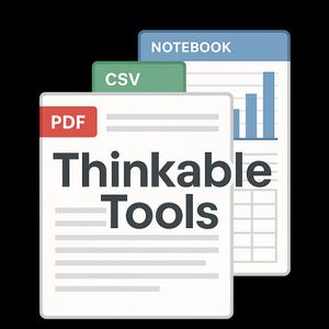 May include: An illustration of digital documents labelled "PDF", "CSV", and "Notebook". The main document displays the text "Thinkable Tools" in bold, black letters. The notebook has blue bars and a blue header that says "NOTEBOOK".