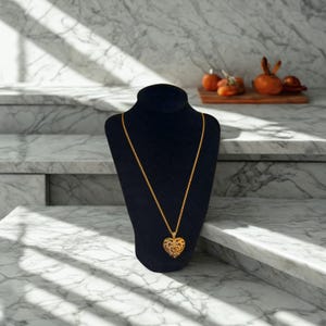 May include: A gold-colored necklace with a heart-shaped pendant on a black display bust. The pendant features an openwork design with intricate details. The necklace is displayed on a marble surface.