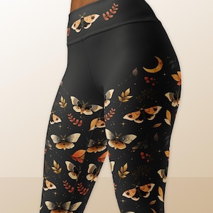 Autumn Moth Leggings | Witchy Leggings, Whimsigoth, Goblincore, Cottagecore Yoga Pants, Crescent Moon, Gift, High Waisted Polyester Leggings