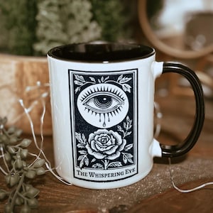 THE  WHISPERING EYE Tarot Mug | Goblincore, Cottagecore, Feminist, Witchy, Wicca, Tarot Card, Black, Lesbian, Yonic, Sapphic, Coffee Cup