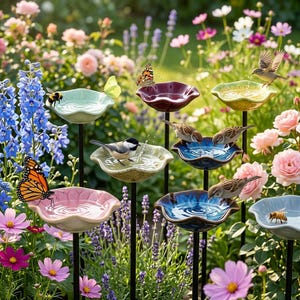 Ceramic Pollinator Water Station Stake - Flower Bee Bath & Hummingbird Feeder - Butterfly Puddler Dish - Backyard Yard Art Decor