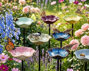 Ceramic Pollinator Water Station Stake - Flower Bee Bath & Hummingbird Feeder - Butterfly Puddler Dish - Backyard Yard Art Decor