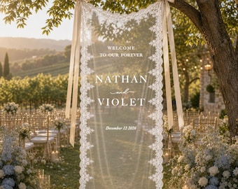Personalized Sheer Lace Wedding Welcome Sign,Romantic Wedding Banner, Fabric Ceremony Reception Signage, Custom Wedding Decor