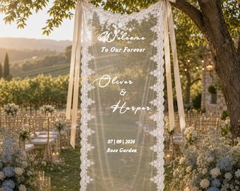 Custom Lace Wedding Welcome Sign, Personalized Lace Banner, Fabric Ceremony Signage, Bridal Shower Sign, Reception Decor
