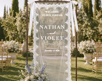 Personalized Lace Wedding Sign, Sheer Wedding Welcome Banner, Custom Ceremony Entrance Decor, Boho Rustic Wedding Backdrop Sign