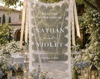 Personalized Sheer Lace Wedding Welcome Sign,Romantic Wedding Banner, Fabric Ceremony Reception Signage, Custom Wedding Decor
