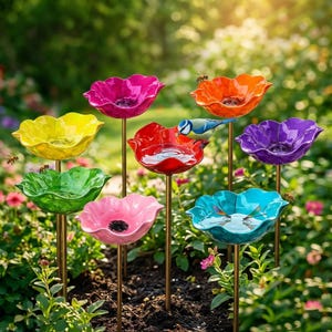 May include: A collection of eight colorful flower-shaped bird baths on thin metal stakes. The basins are yellow, magenta, orange, red, purple, green, light pink, and turquoise. A small blue bird perches on the red basin, and bees are visible.