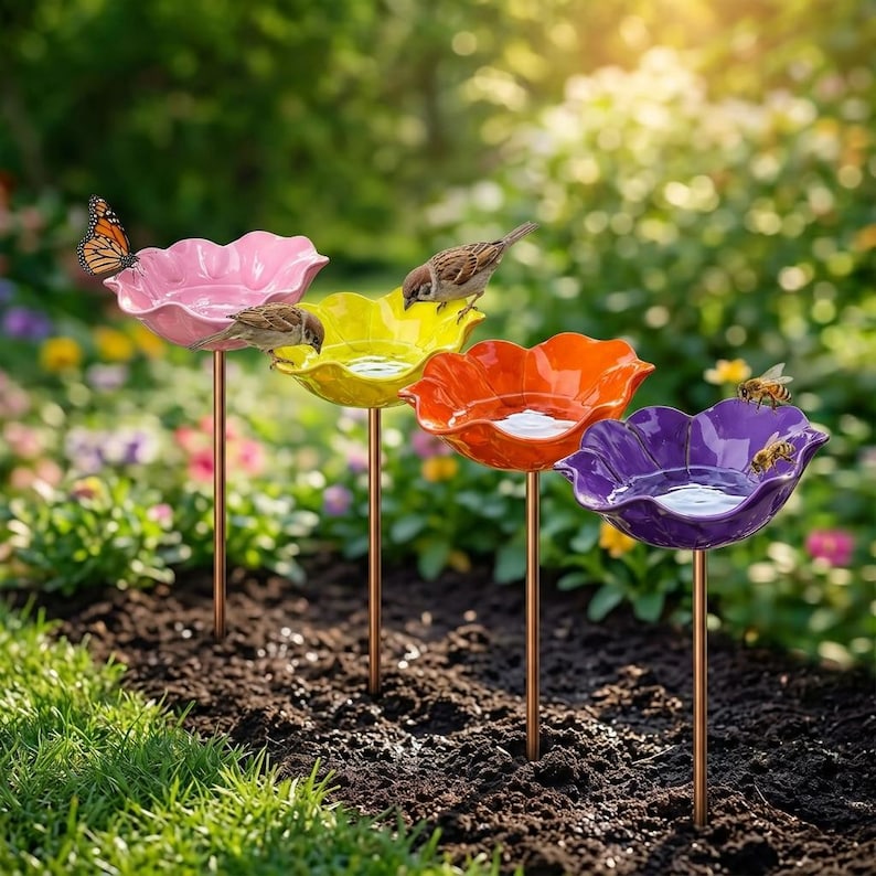 May include: Four flower-shaped bird baths on thin metal stakes, colored pink, yellow, orange, and purple. Each bowl holds water and features a small bird, butterfly, or bee perched on the rim, arranged in a row within a garden setting.