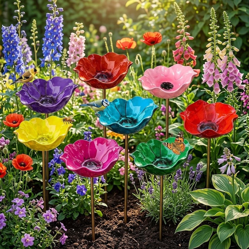 May include: A collection of eight colorful, flower-shaped garden stakes made of glass or ceramic, featuring vibrant red, pink, yellow, purple, teal, and green petals. Each piece is mounted on a thin metal rod, positioned among various garden flowers.