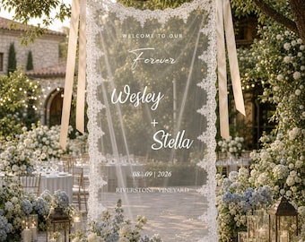 Personalized Sheer Lace Wedding Welcome Sign,Romantic Wedding Banner, Fabric Ceremony Reception Signage, Custom Wedding Decor