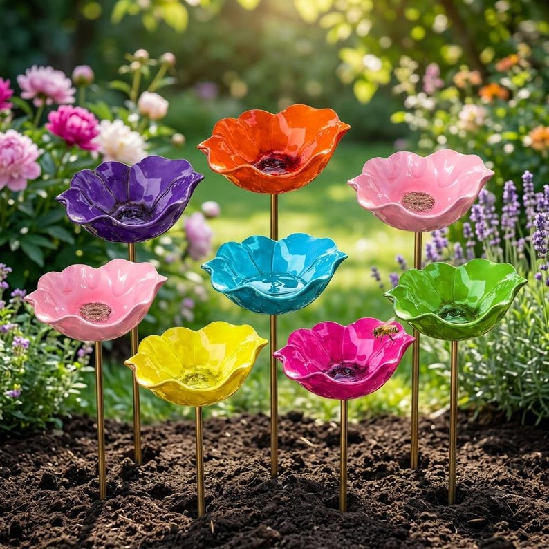 Flower Bee Bath & Hummingbird Feeder Garden Stake - Metal Butterfly Puddler - Pollinator Water Station - Outdoor Yard Art Decor image 4