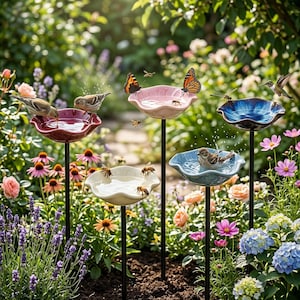 Ceramic Pollinator Water Station Stake - Flower Bee Bath & Hummingbird Feeder - Butterfly Puddler Dish - Backyard Yard Art Decor