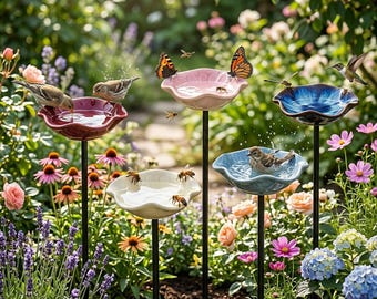 Ceramic Pollinator Water Station Stake - Flower Bee Bath & Hummingbird Feeder - Butterfly Puddler Dish - Backyard Yard Art Decor
