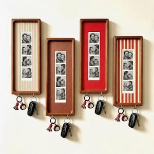 May include: Four rectangular wooden wall-mounted key holders, each featuring a vertical photo strip of a couple. The frames have varied backings: light green stripes, solid brown, solid red, and red stripes. Each frame holds two key rings with tassels.