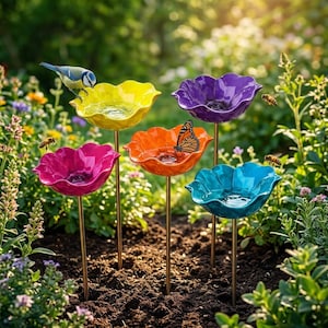 Peut inclure: Un ensemble de cinq abreuvoirs pour oiseaux en forme de fleur sur de fines tiges métalliques, avec des bols en céramique jaune, violet, rose, orange et bleu. Une mésange bleue est posée sur le bol jaune et un papillon monarque sur l'orange.