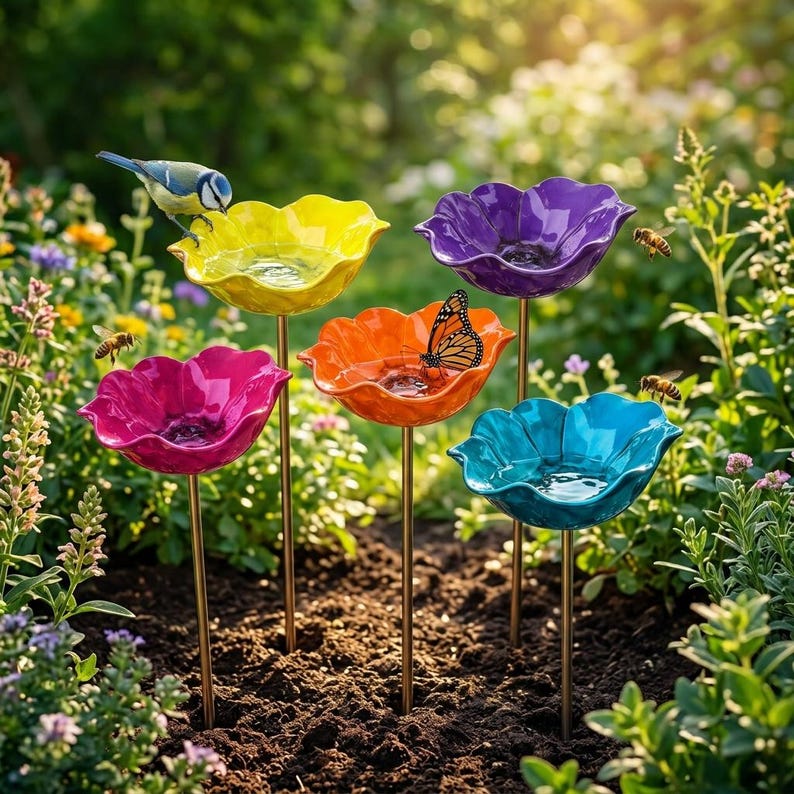 May include: A set of five flower-shaped bird baths on thin metal stakes, featuring vibrant yellow, purple, pink, orange, and blue ceramic bowls. A blue tit perches on the yellow bowl, while a monarch butterfly rests on the orange bowl.